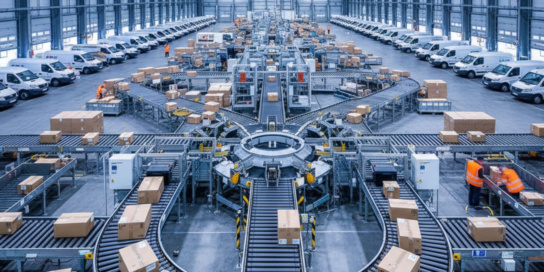 Large, modern CEP parcel sorting system in a logistics hall with conveyor belts that sort countless parcels to service delivery vans symbolises efficiency and the core process of courier, express and parcel services.